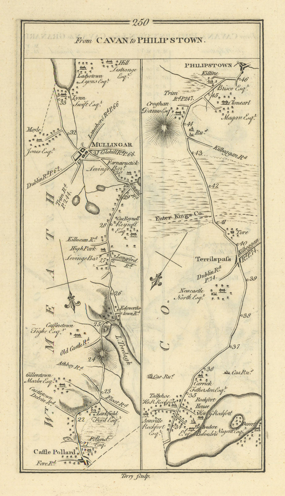 #250 From Cavan to Philipstown. Mullingar Daingean. TAYLOR/SKINNER 1778 map